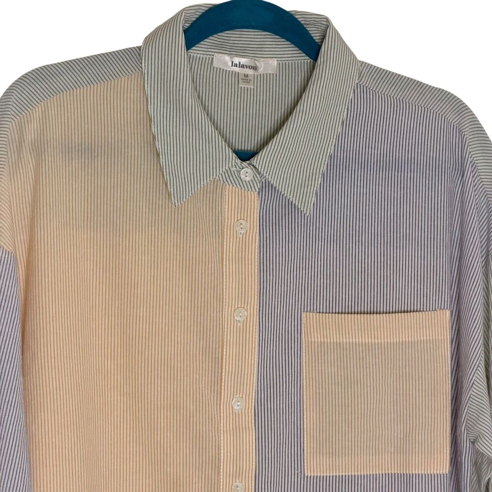 Lalavon Button Front Shirt Top Blouse Color Block Pinstripe Womens M - Picture 2 of 7